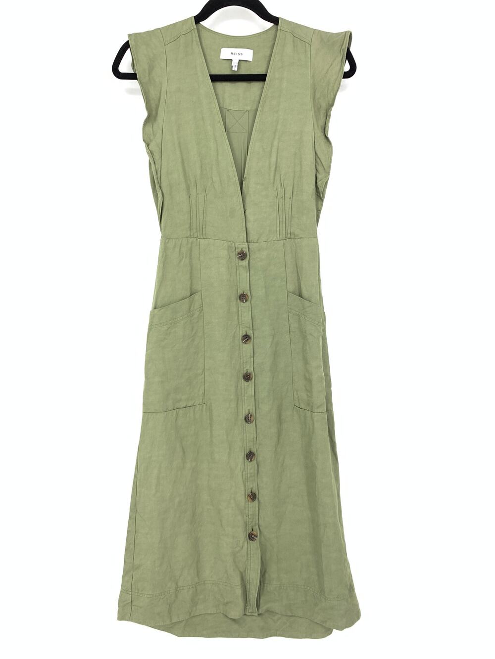 Reiss Shirt Dress Women's Sz 0 Button Front Cap Sleeve Ruffle Green NO BELT